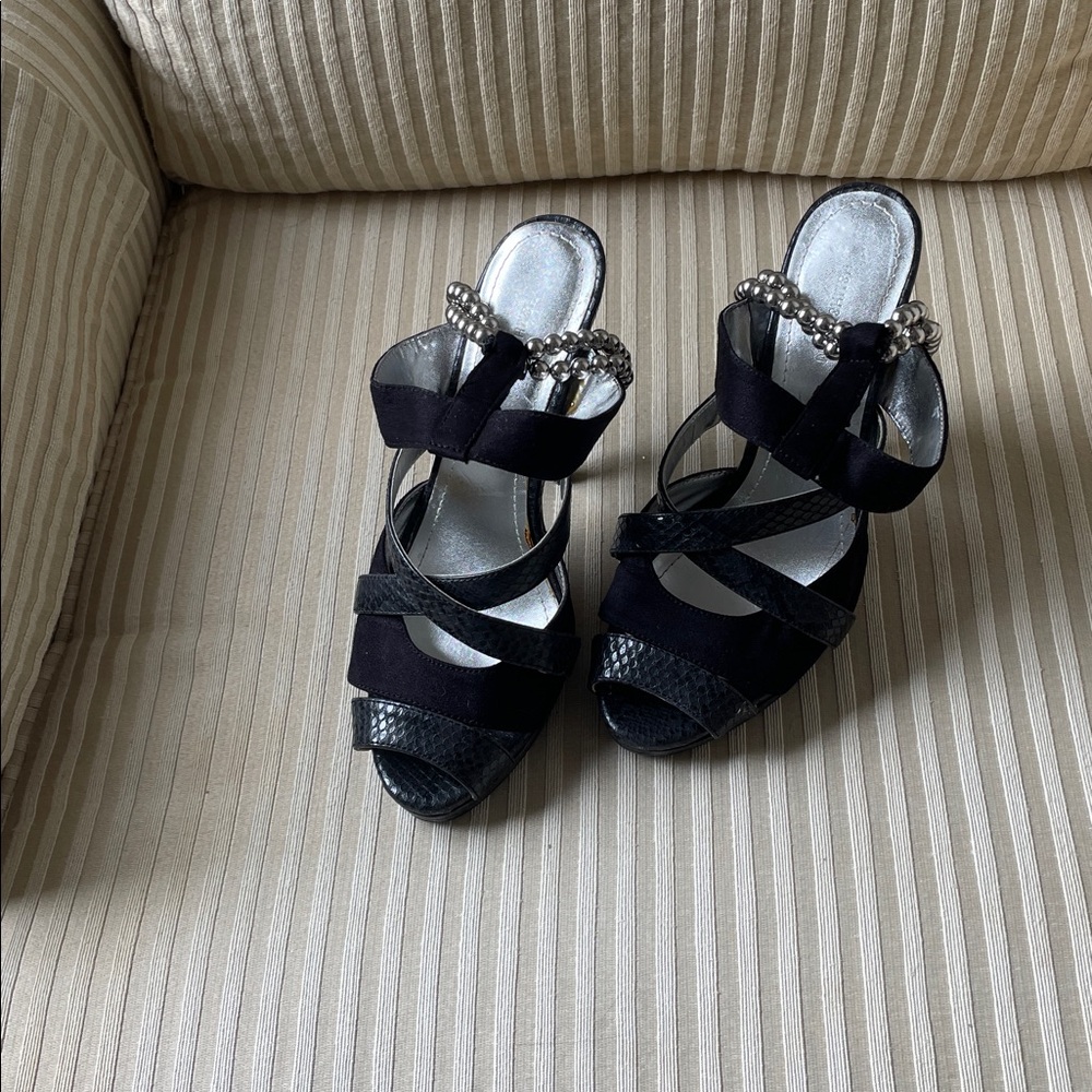 Stylish Black Strappy Heels with Silver Chains